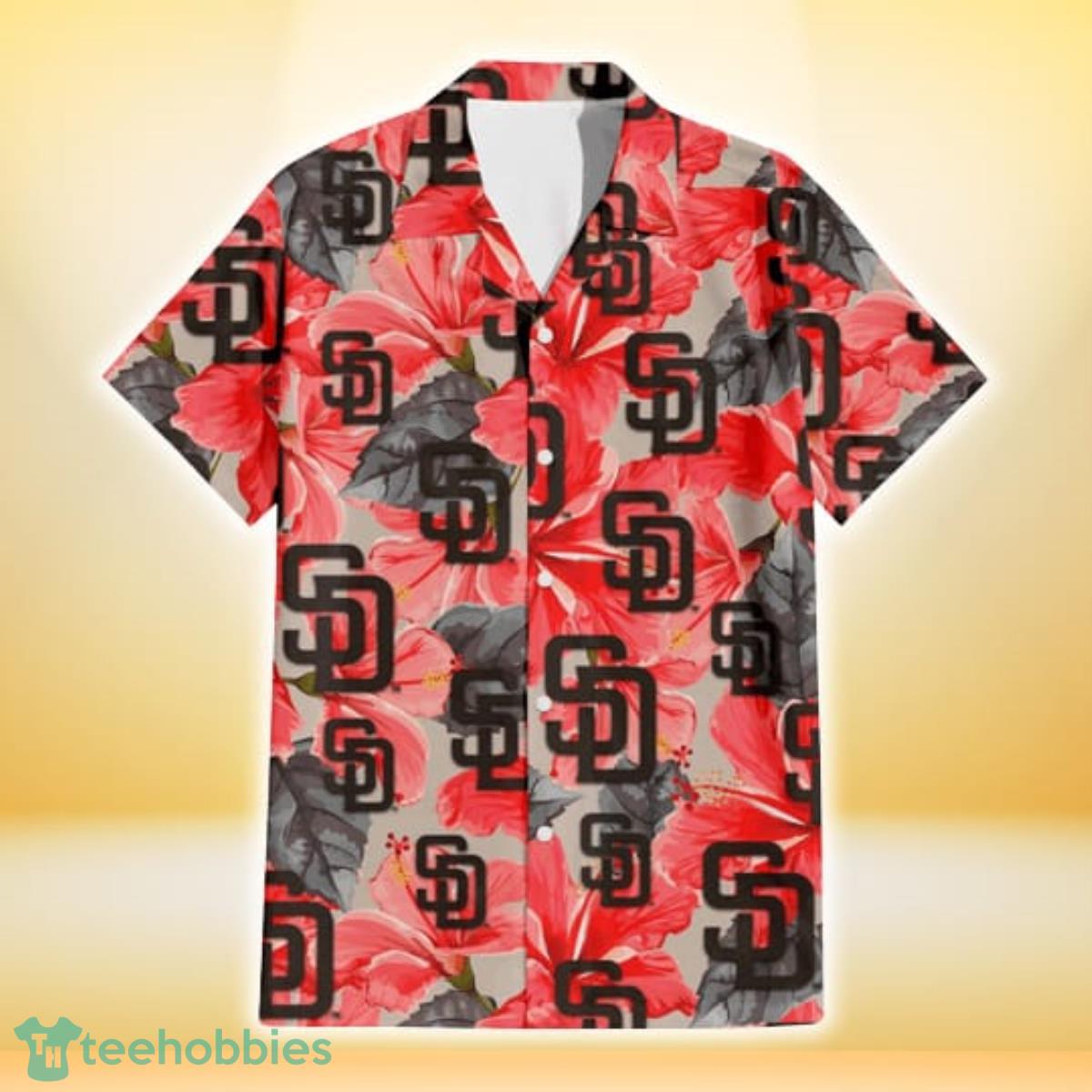 San Diego Padres Red Hibiscus Gray Leaf Beige Background 3D Hawaiian Shirt Gift For Fans Product Photo 2