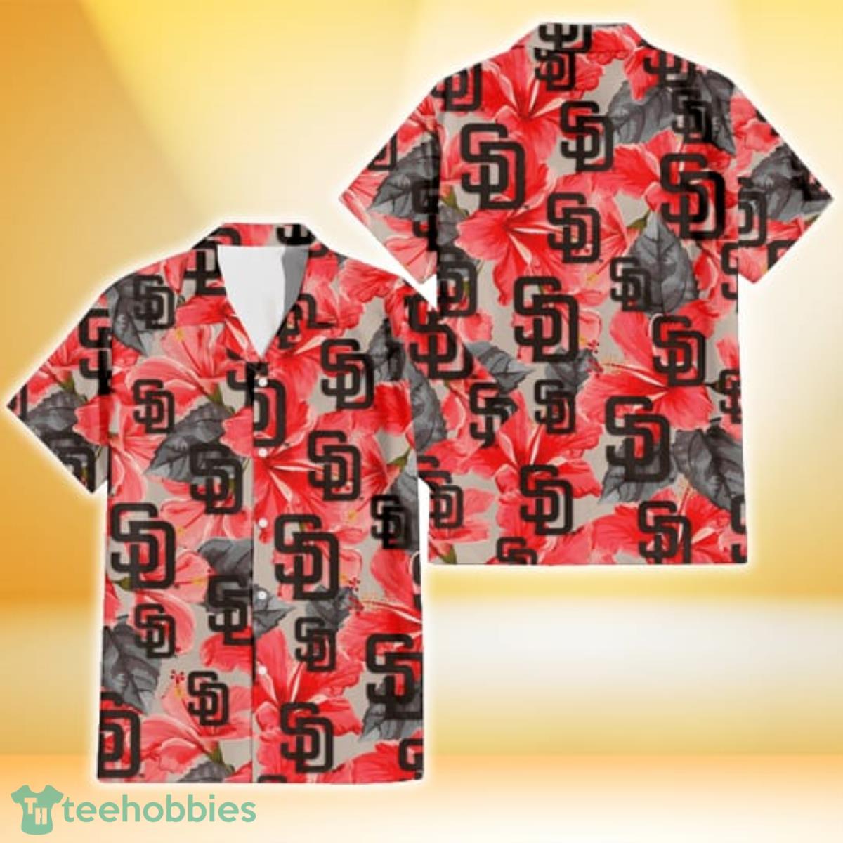 San Diego Padres Red Hibiscus Gray Leaf Beige Background 3D Hawaiian Shirt Gift For Fans Product Photo 1