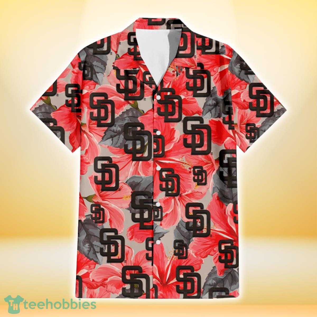 San Diego Padres Red Hibiscus Gray Leaf Gainsboro Background 3D Hawaiian Shirt Gift For Fans Product Photo 2
