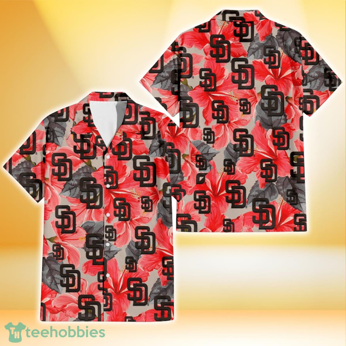San Diego Padres Red Hibiscus Gray Leaf Gainsboro Background 3D Hawaiian Shirt Gift For Fans Product Photo 1