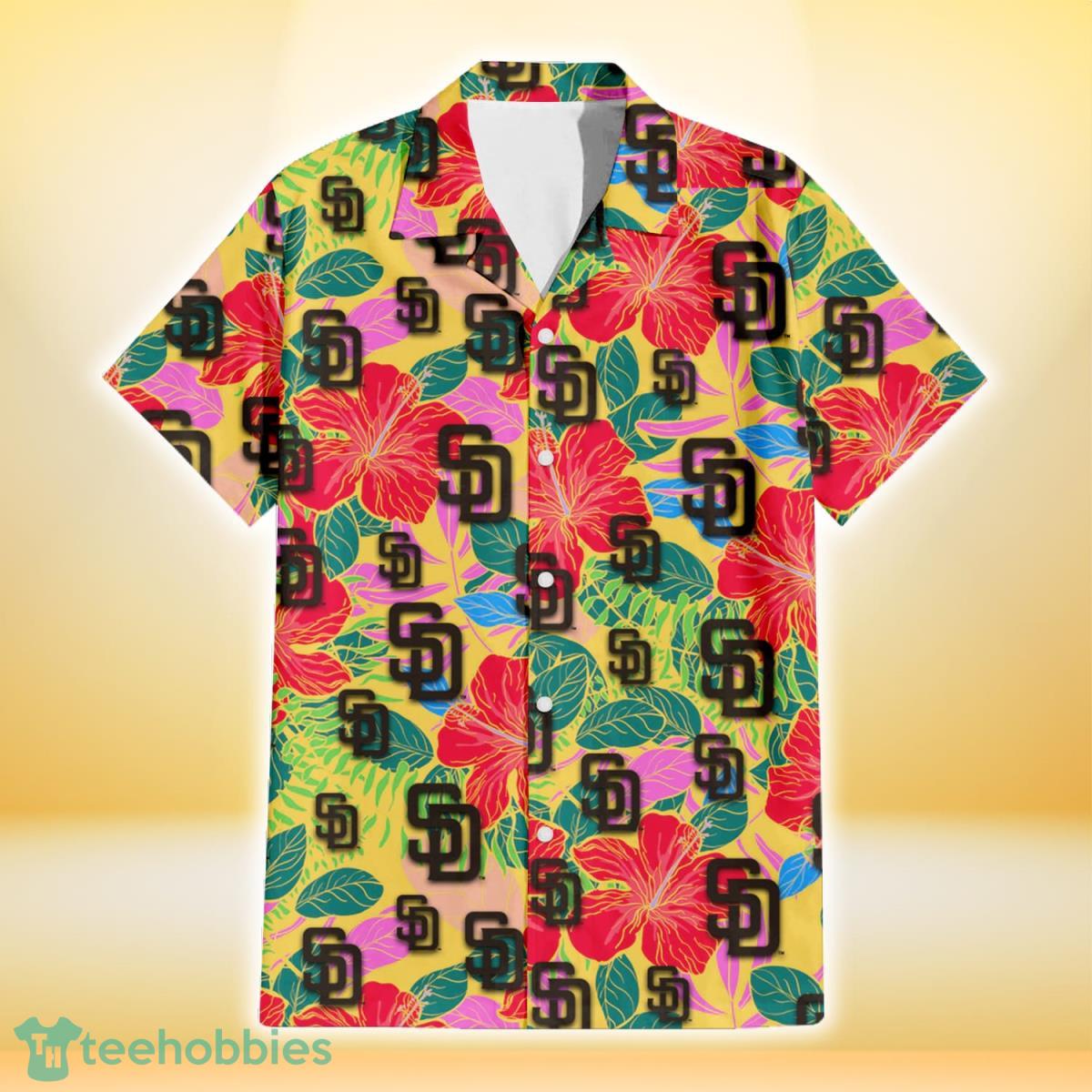 San Diego Padres Red Hibiscus Green Leaf Dark Background 3D Hawaiian Shirt  Gift For Fans - YesItCustom