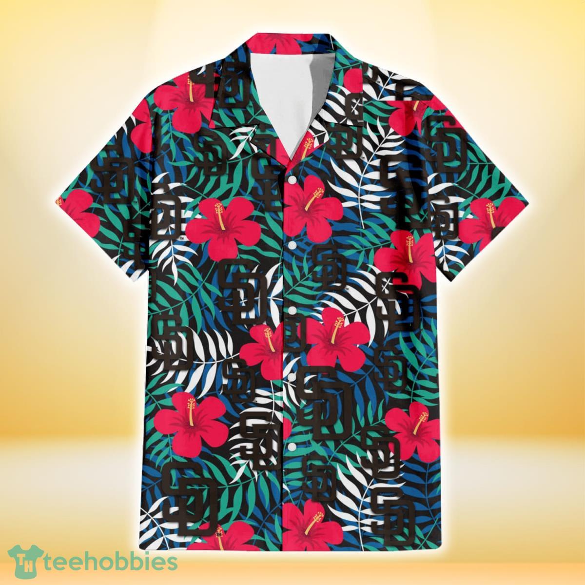 San Diego Padres Red Hibiscus Green Blue White Leaf Black Background 3D Hawaiian Shirt Gift For Fans Product Photo 2