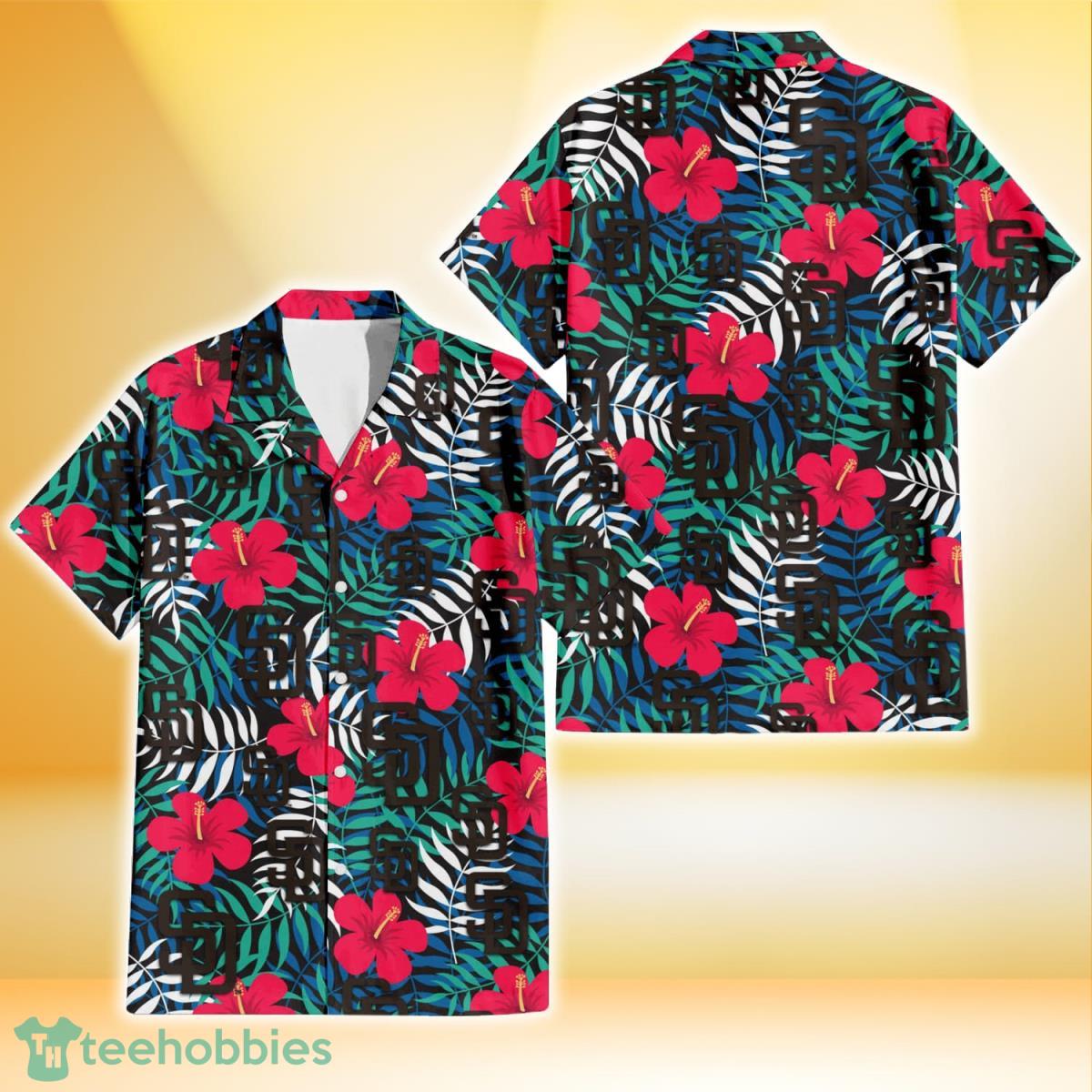 San Diego Padres Red Hibiscus Green Blue White Leaf Black Background 3D Hawaiian Shirt Gift For Fans Product Photo 1