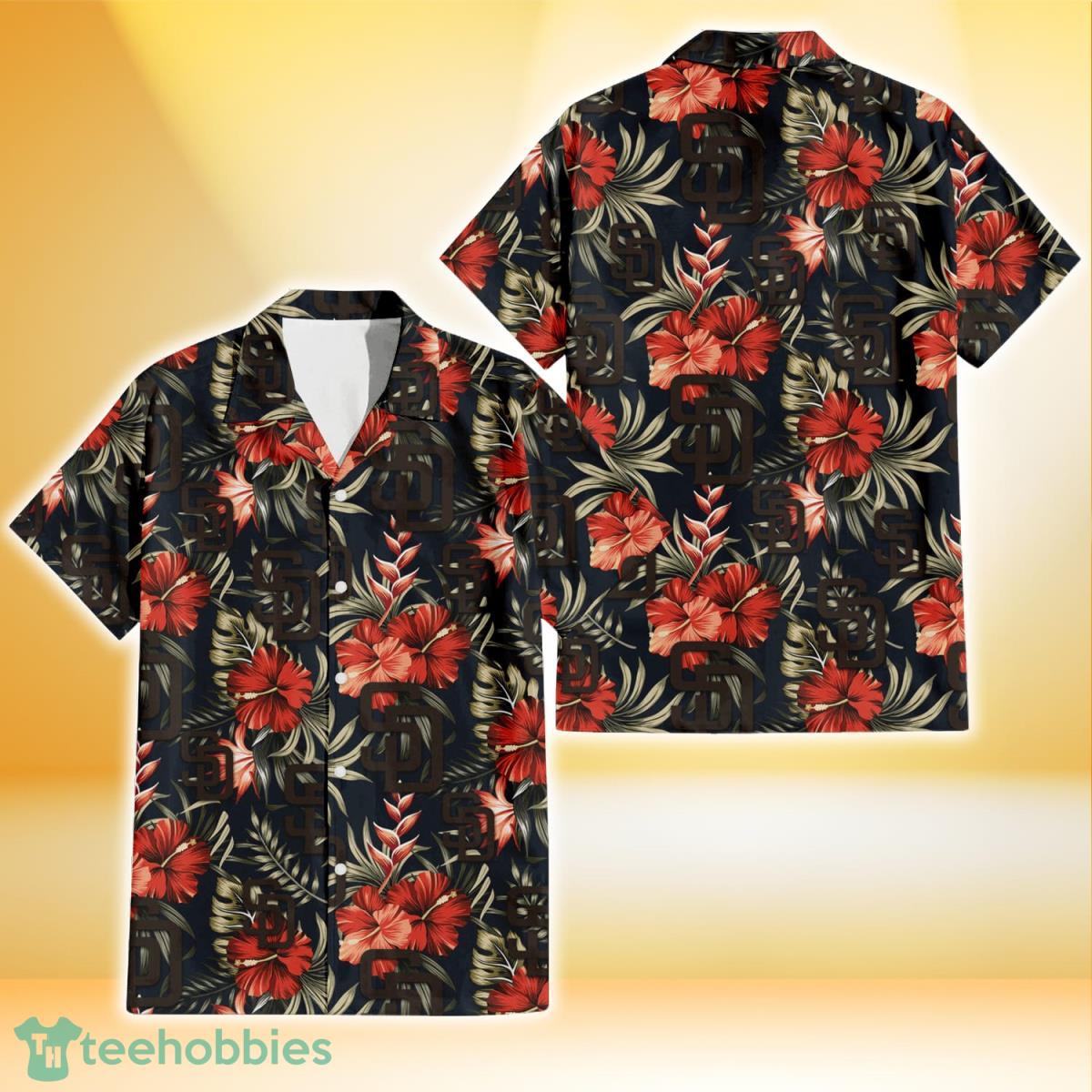 San Diego Padres Red Hibiscus Green Leaf Dark Background 3D Hawaiian Shirt Gift For Fans Product Photo 1
