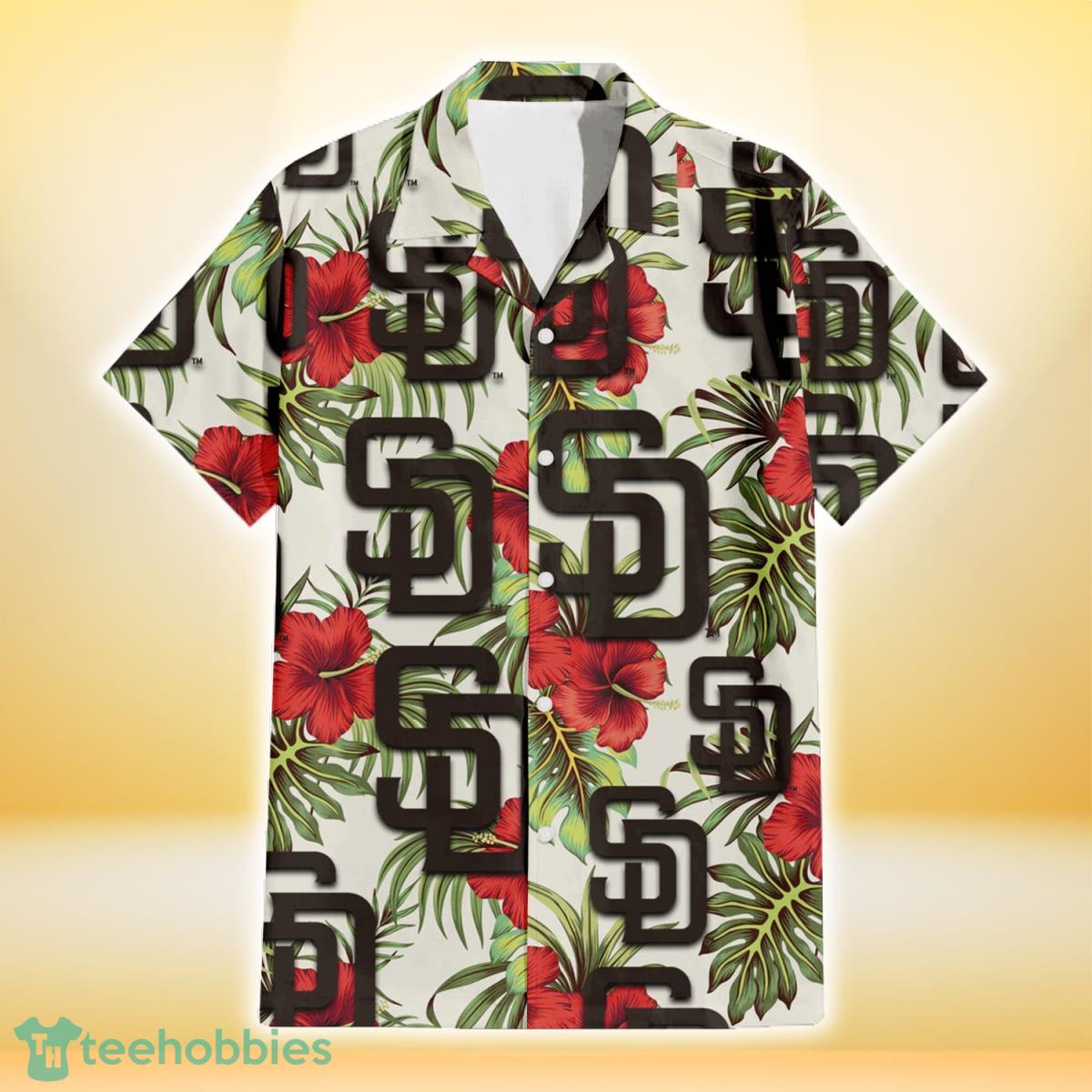 San Diego Padres Red Hibiscus Green Tropical Leaf Cream Background 3D Hawaiian Shirt Gift For Fans Product Photo 2
