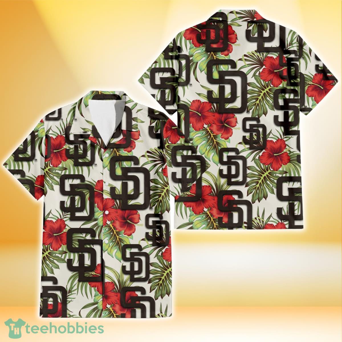 San Diego Padres Red Hibiscus Green Tropical Leaf Cream Background 3D Hawaiian Shirt Gift For Fans Product Photo 1