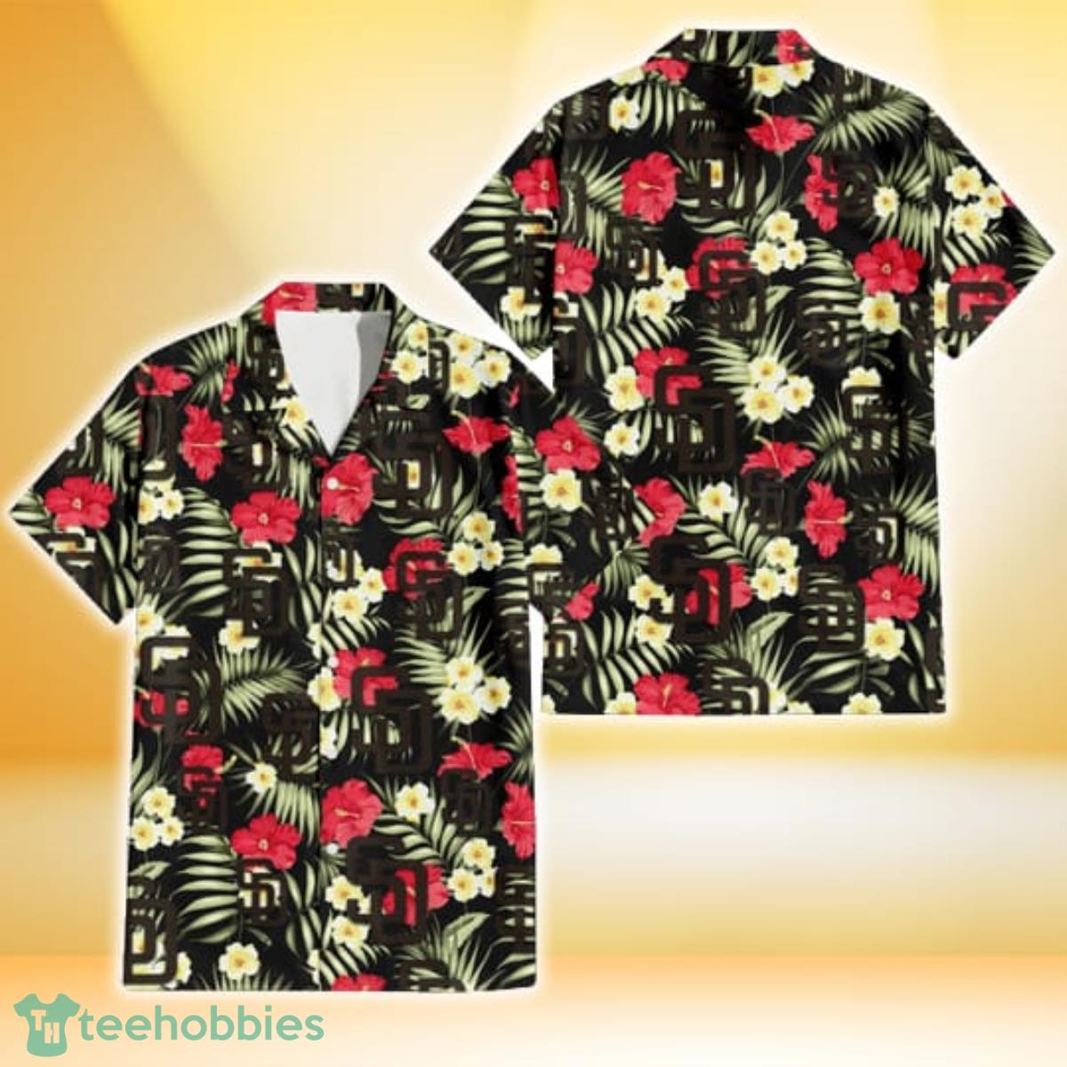 San Diego Padres Red Hibiscus Yellow Porcelain Flower Black Background 3D Hawaiian Shirt Gift For Fans Product Photo 1