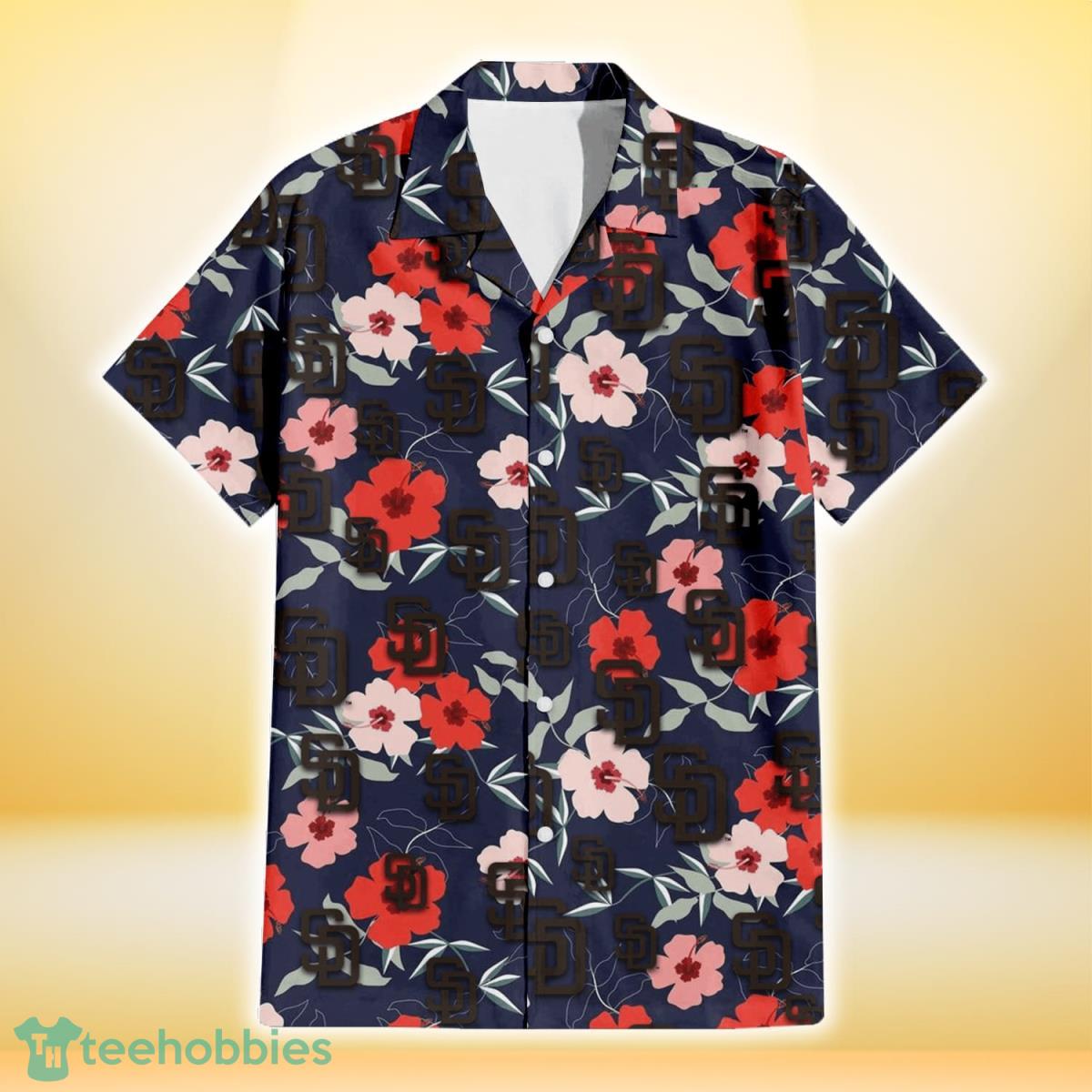 San Diego Padres Red Pink White Hibiscus Black Background 3D Hawaiian Shirt Gift For Fans Product Photo 2