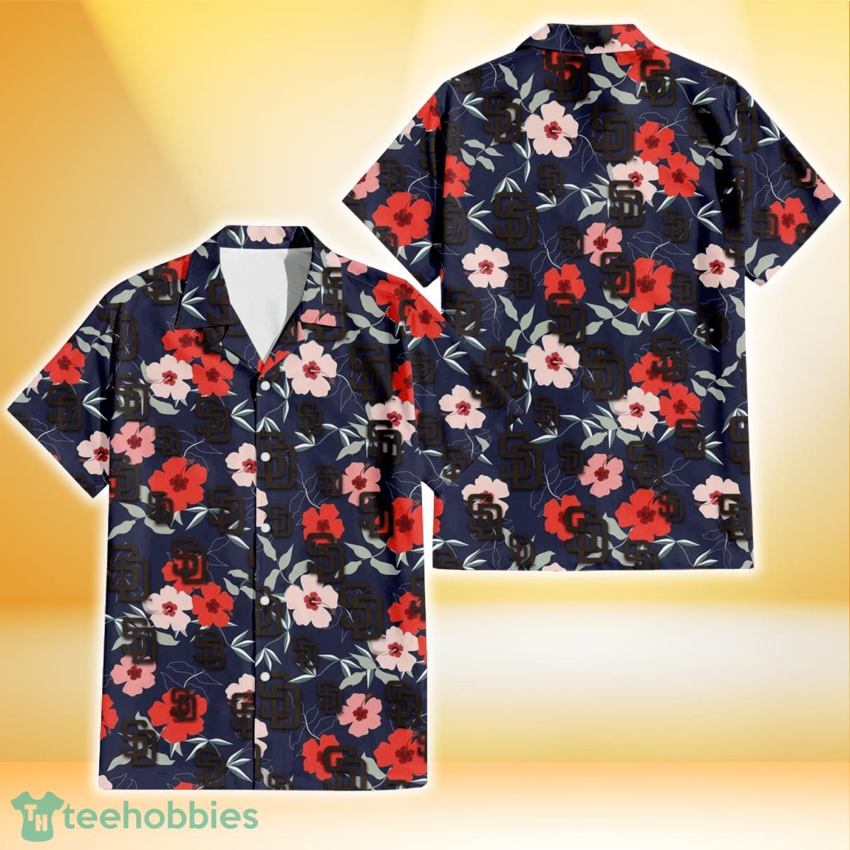 San Diego Padres Red Pink White Hibiscus Black Background 3D Hawaiian Shirt Gift For Fans Product Photo 1