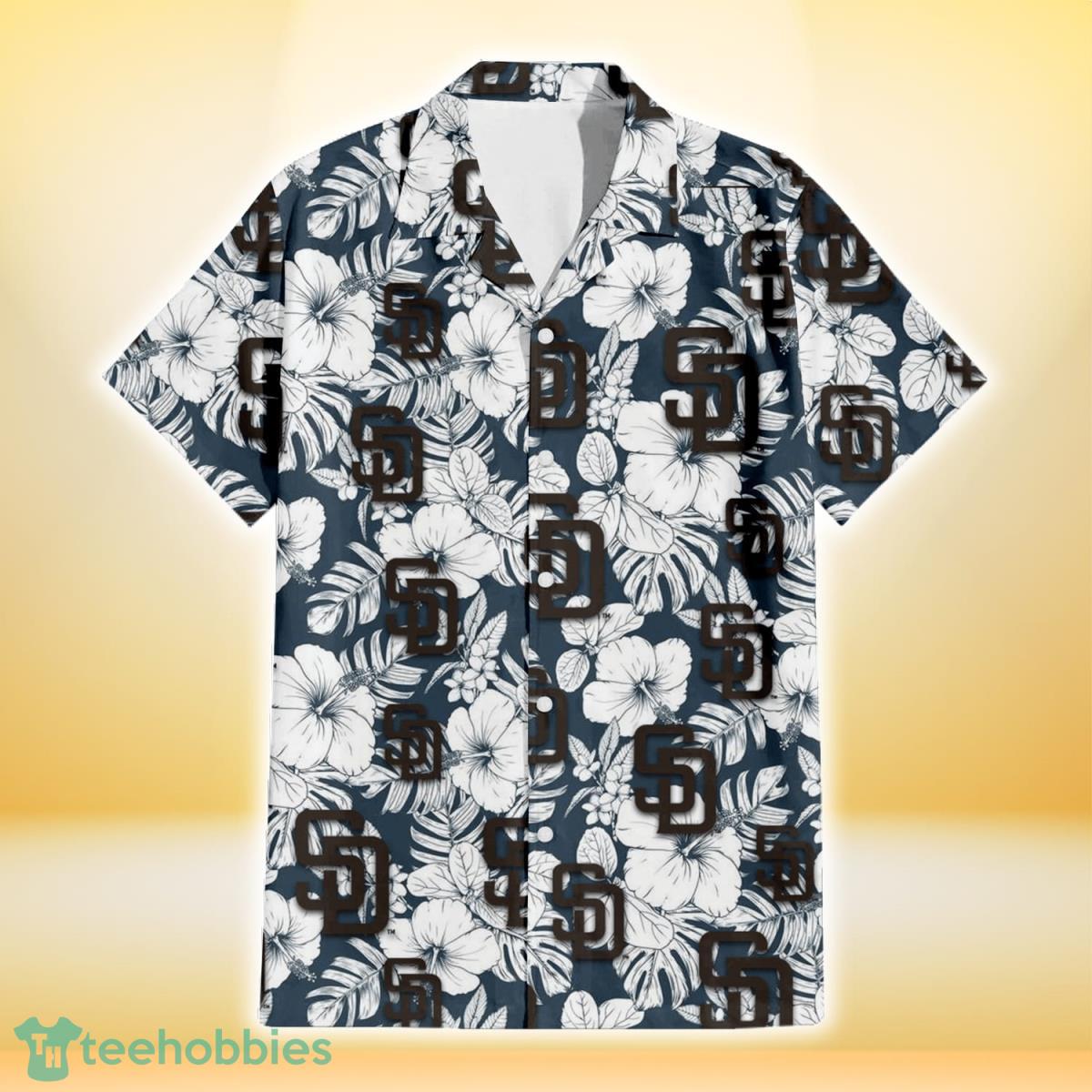 San Diego Padres Sketch Hibiscus Leaf Dark Gray Background 3D Hawaiian Shirt Gift For Fans Product Photo 2