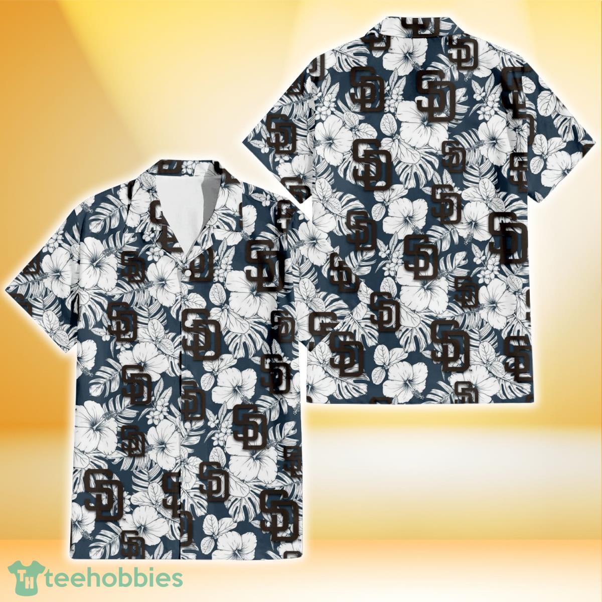 San Diego Padres Sketch Hibiscus Leaf Dark Gray Background 3D Hawaiian Shirt Gift For Fans Product Photo 1