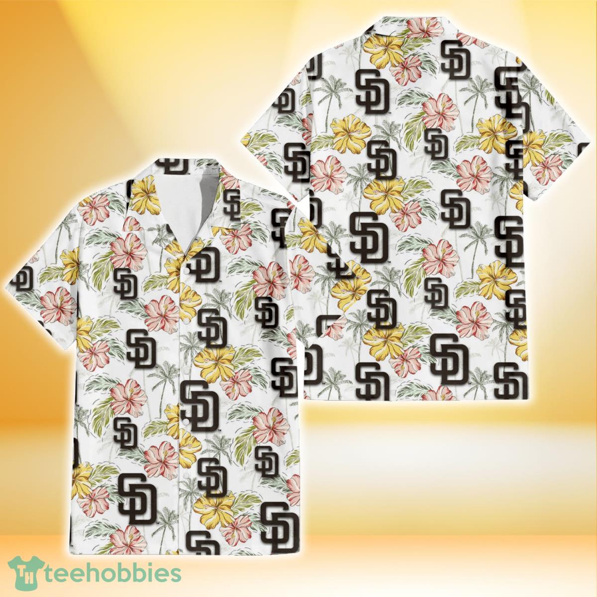 San Diego Padres Sketch Red Yellow Coconut Tree White Background 3D Hawaiian Shirt Gift For Fans Product Photo 1