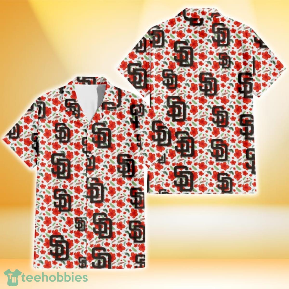 San Diego Padres Tiny Red Hibiscus Green Leaf White Cube Background 3D Hawaiian Shirt Gift For Fans Product Photo 1