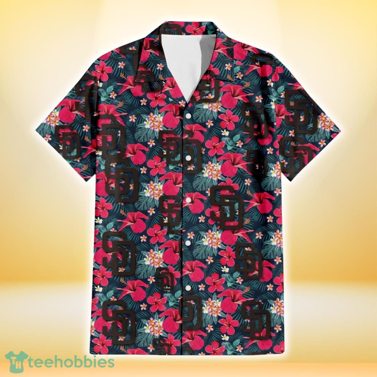 San Diego Padres Tiny Red Hibiscus White Porcelain Flower Black Background 3D Hawaiian Shirt Gift For Fans Product Photo 2