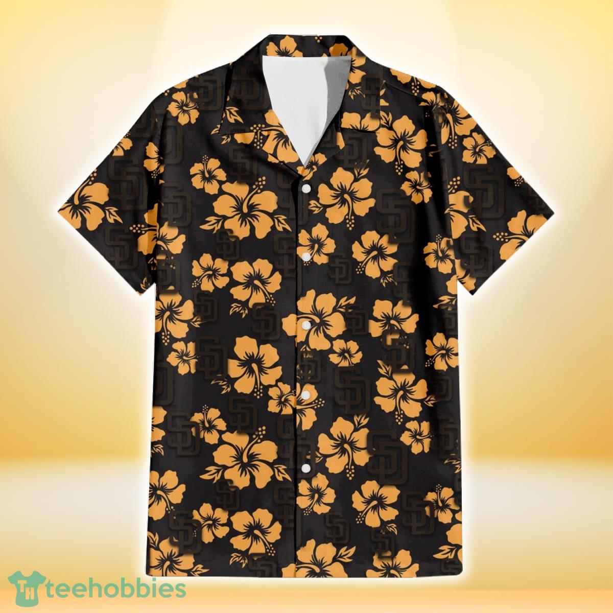 San Diego Padres Tiny Yellow Hibiscus Black Background 3D Hawaiian Shirt Gift For Fans Product Photo 2