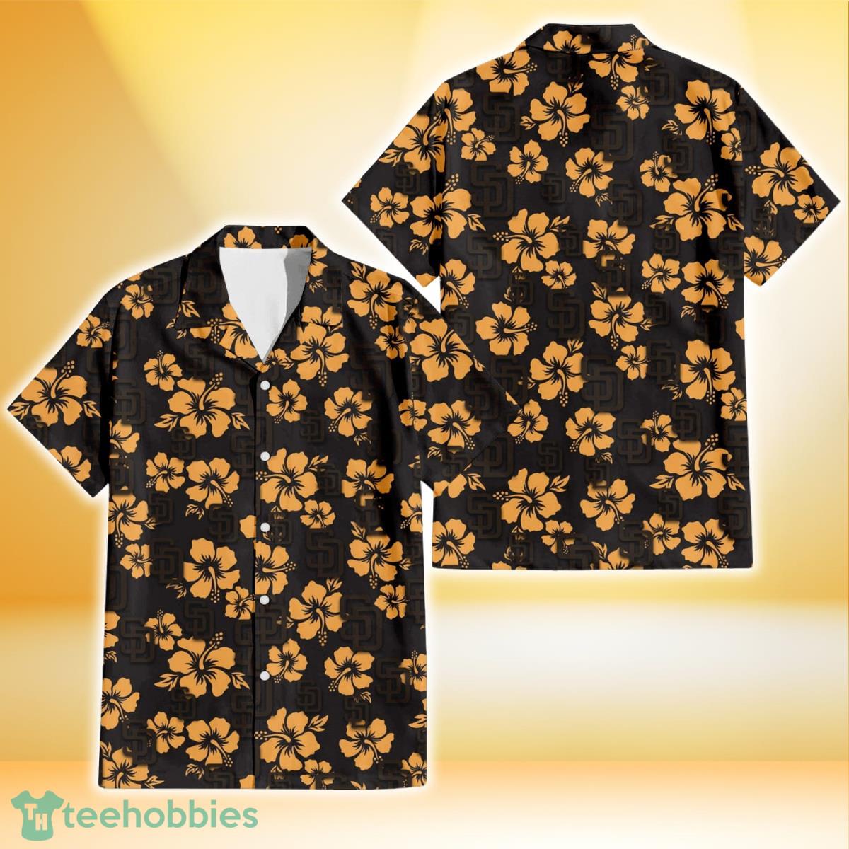 San Diego Padres Tiny Yellow Hibiscus Black Background 3D Hawaiian Shirt Gift For Fans Product Photo 1