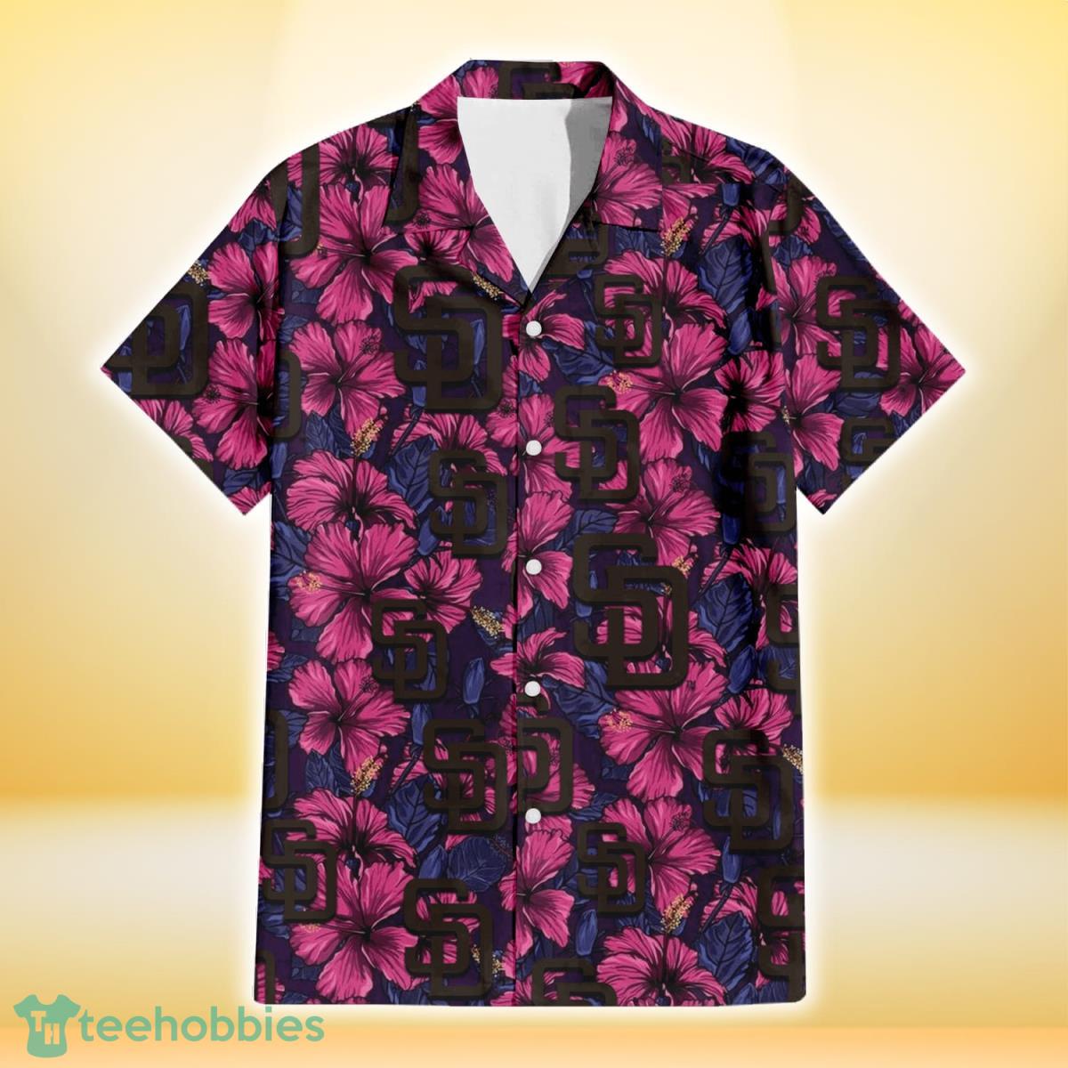 San Diego Padres Violet Red Blue Leaf Black Background 3D Hawaiian Shirt Gift For Fans Product Photo 2