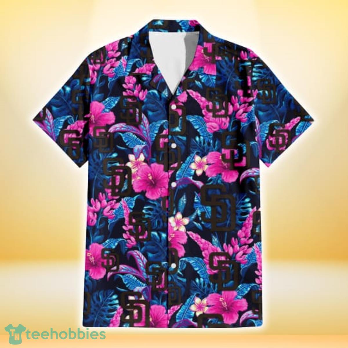 San Diego Padres Violet Red Hibiscus Blue Leaf Black Background 3D Hawaiian Shirt Gift For Fans Product Photo 2