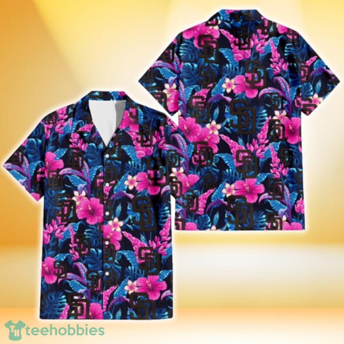 San Diego Padres Violet Red Hibiscus Blue Leaf Black Background 3D Hawaiian Shirt Gift For Fans Product Photo 1