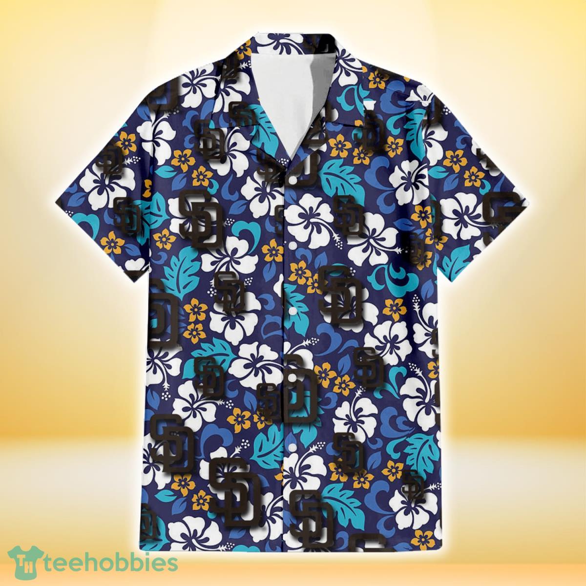 San Diego Padres White Hibiscus Ceramic Style Navy Background 3D Hawaiian Shirt Gift For Fans Product Photo 2