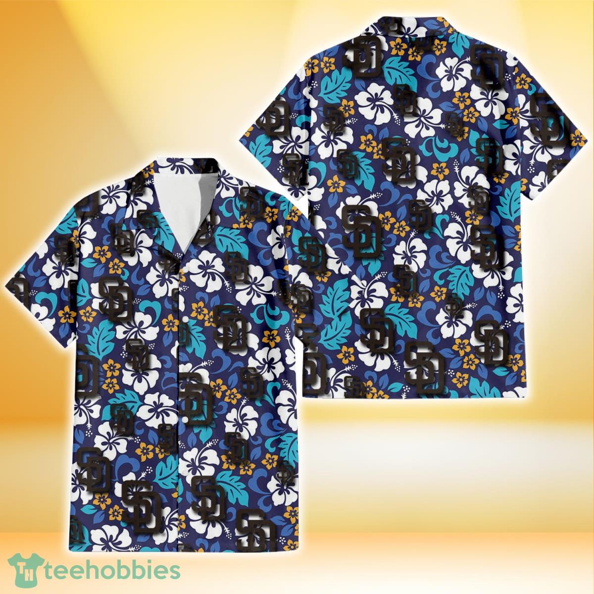 San Diego Padres White Hibiscus Ceramic Style Navy Background 3D Hawaiian Shirt Gift For Fans Product Photo 1