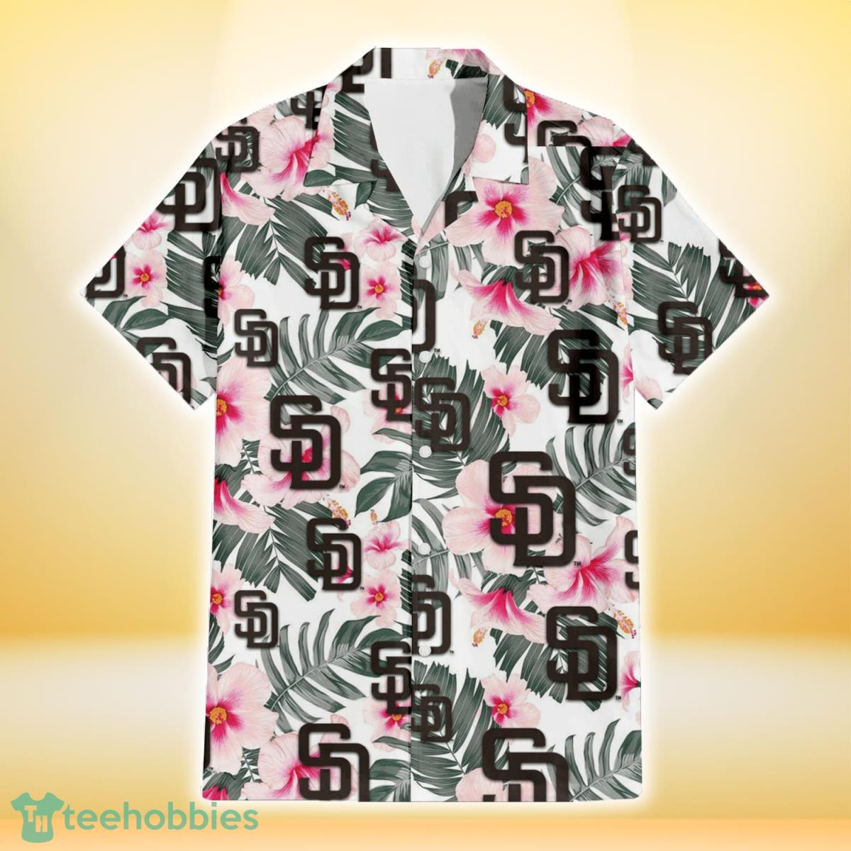San Diego Padres White Hibiscus Green Leaf White Background 3D Hawaiian Shirt Gift For Fans Product Photo 2
