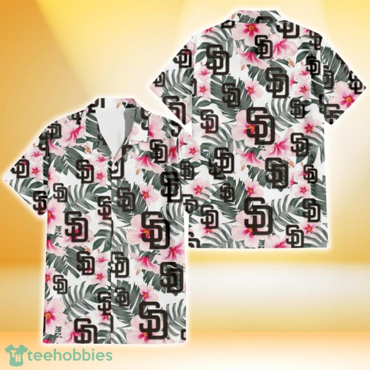 San Diego Padres White Hibiscus Green Leaf White Background 3D Hawaiian Shirt Gift For Fans Product Photo 1