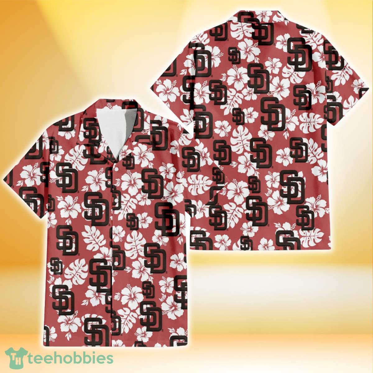 San Diego Padres White Hibiscus Indian Red Background 3D Hawaiian Shirt Gift For Fans Product Photo 1