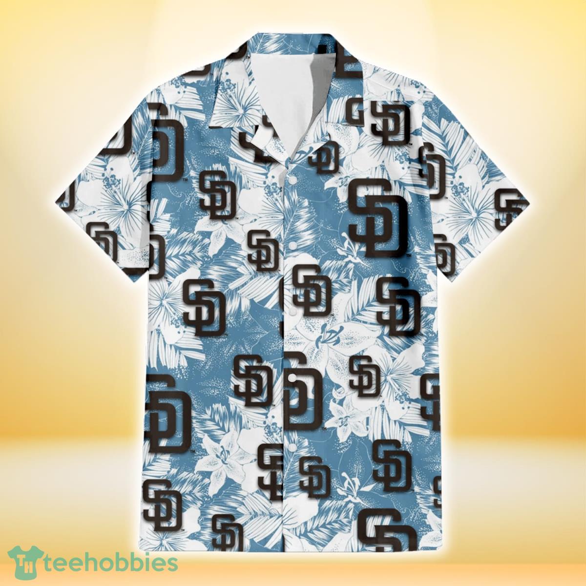 San Diego Padres White Hibiscus Orchid Light Blue Background 3D Hawaiian Shirt Gift For Fans Product Photo 2