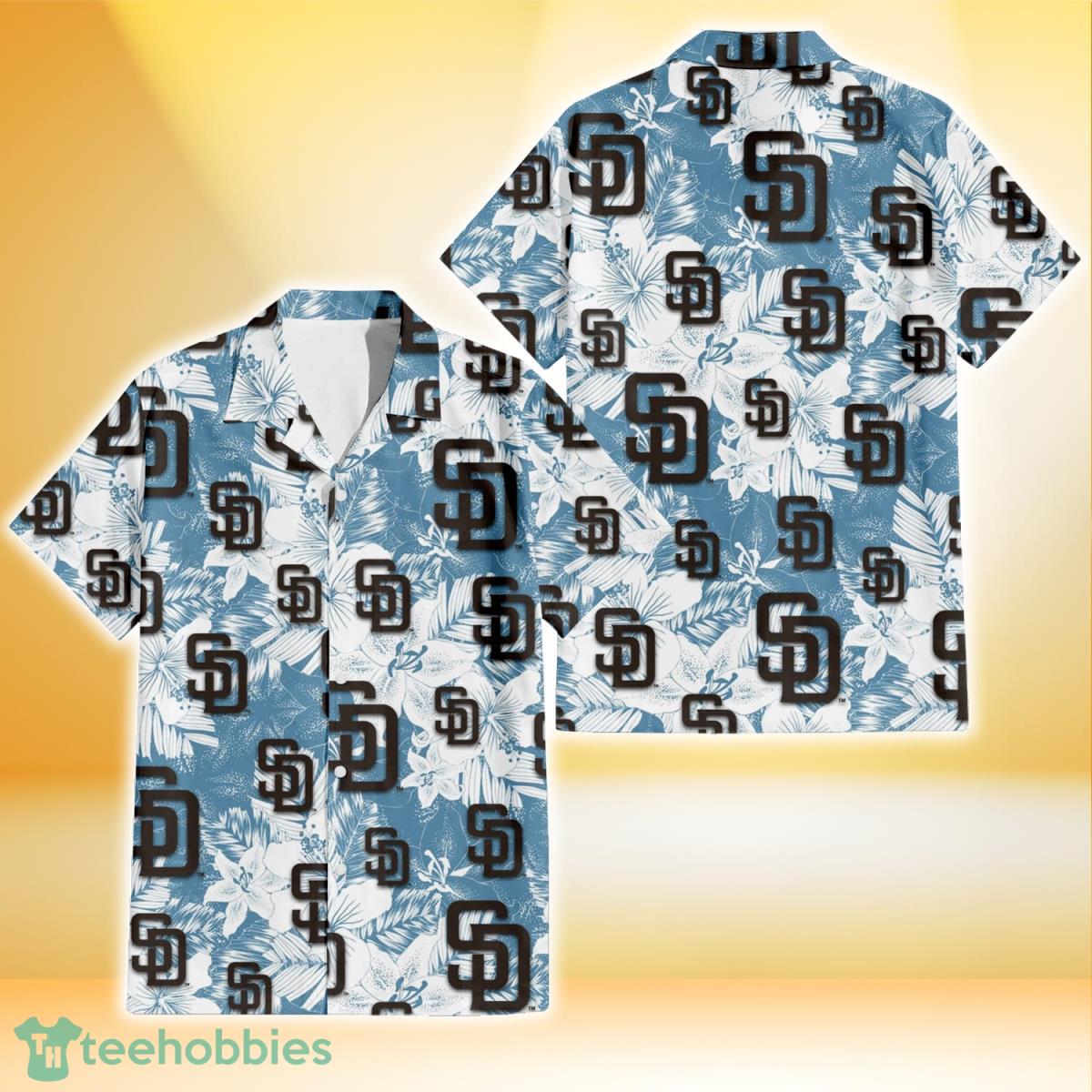 San Diego Padres White Hibiscus Orchid Light Blue Background 3D Hawaiian Shirt Gift For Fans Product Photo 1