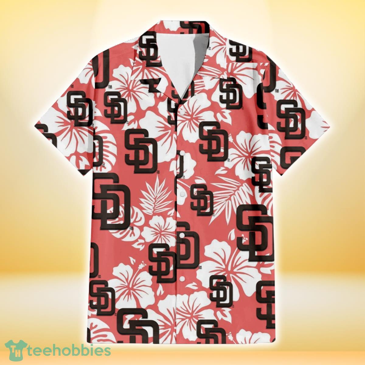 San Diego Padres White Hibiscus Salmon Background 3D Hawaiian Shirt Gift For Fans Product Photo 2