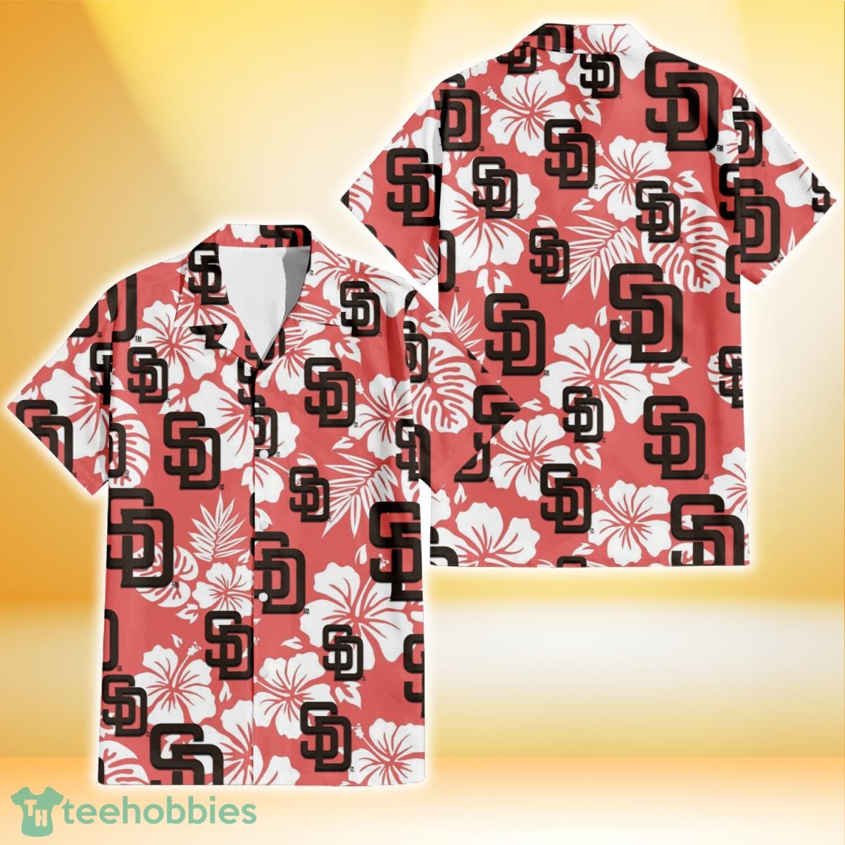 San Diego Padres White Hibiscus Salmon Background 3D Hawaiian Shirt Gift For Fans Product Photo 1