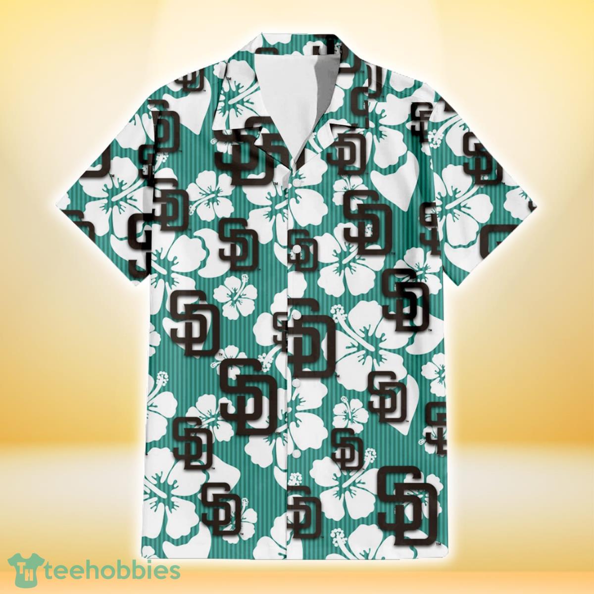 San Diego Padres White Hibiscus Turquoise Stripe Background 3D Hawaiian Shirt Gift For Fans Product Photo 2