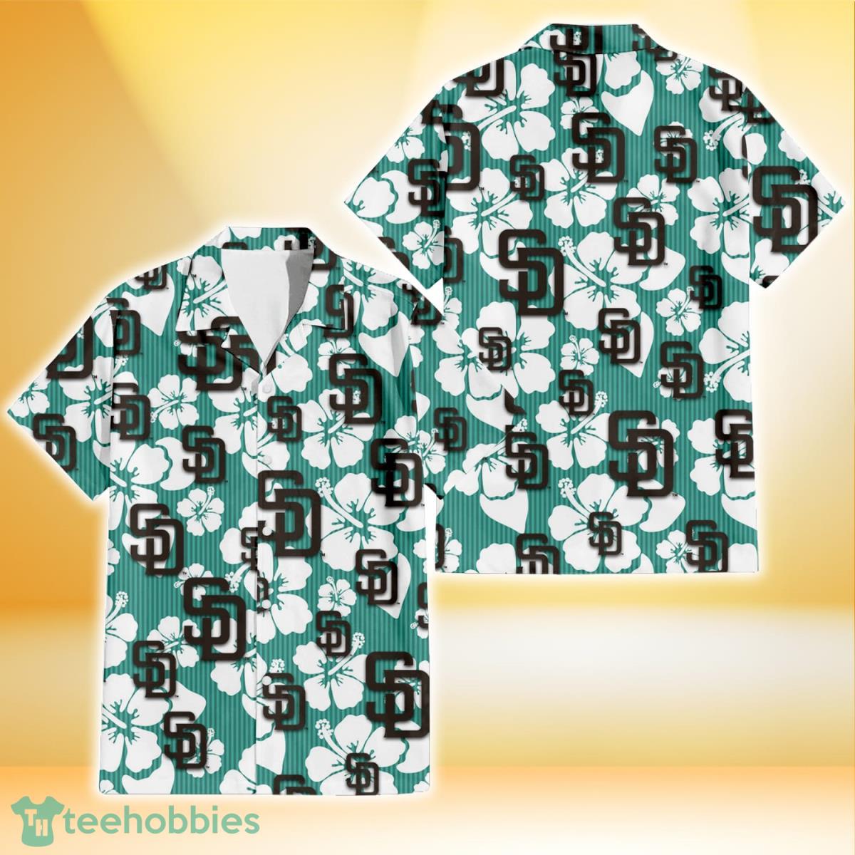 San Diego Padres White Hibiscus Turquoise Stripe Background 3D Hawaiian Shirt Gift For Fans Product Photo 1