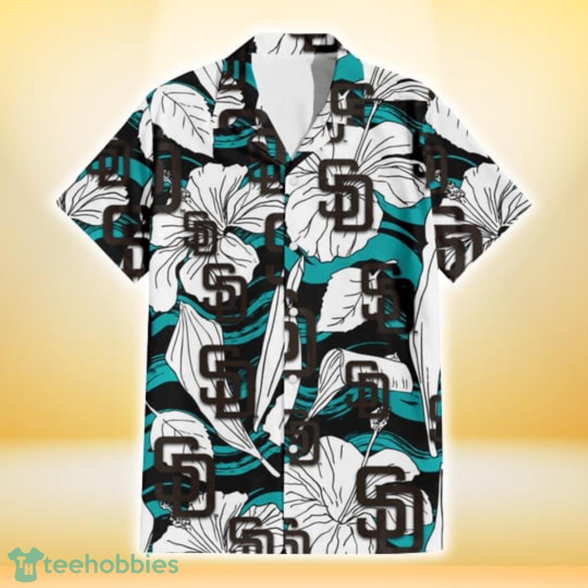 San Diego Padres White Hibiscus Turquoise Wave Black Background 3D Hawaiian Shirt Gift For Fans Product Photo 2