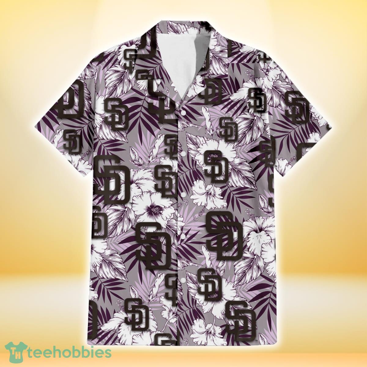 San Diego Padres White Hibiscus Violet Leaves Light Grey Background 3D Hawaiian Shirt Gift For Fans Product Photo 2