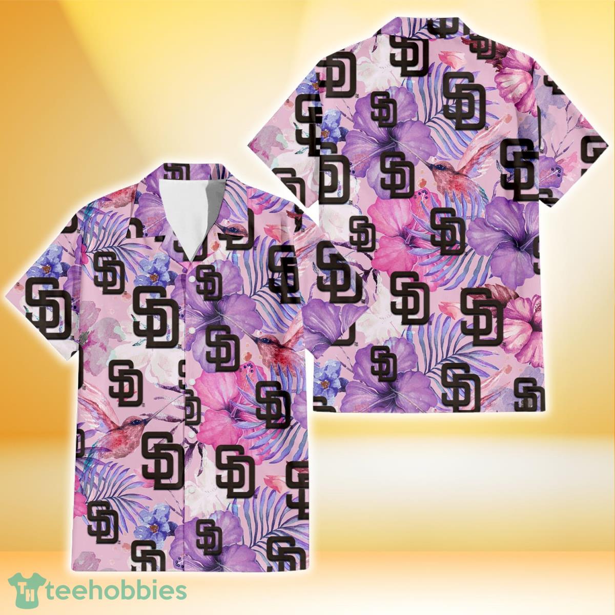 San Diego Padres White Purple Hibiscus Pink Hummingbird Pink Background 3D  Hawaiian Shirt Gift For Fans