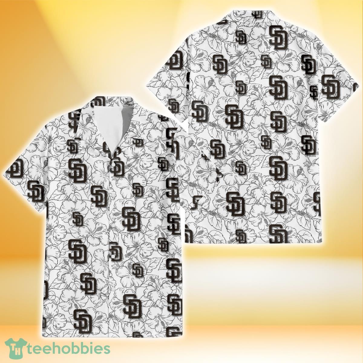 San Diego Padres White Sketch Hibiscus Pattern White Background 3D Hawaiian Shirt Gift For Fans Product Photo 2