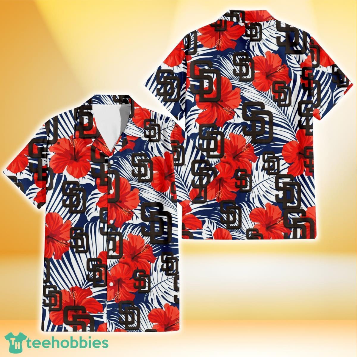 San Diego Padres White Tropical Leaf Red Hibiscus Navy Background 3D Hawaiian Shirt Gift For Fans Product Photo 1