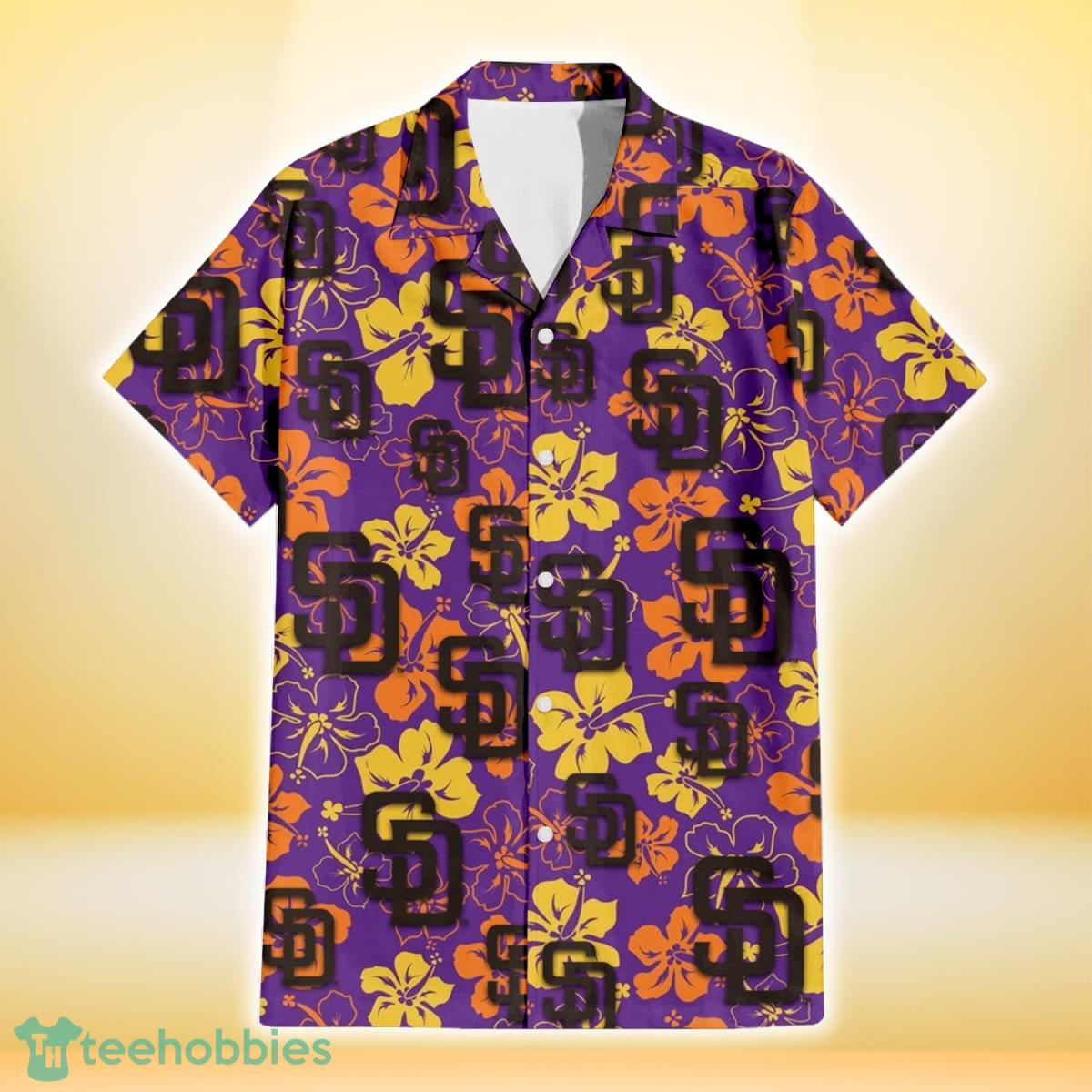 San Diego Padres Yellow And Orange Hibiscus Purple Background 3D Hawaiian Shirt Gift For Fans Product Photo 2