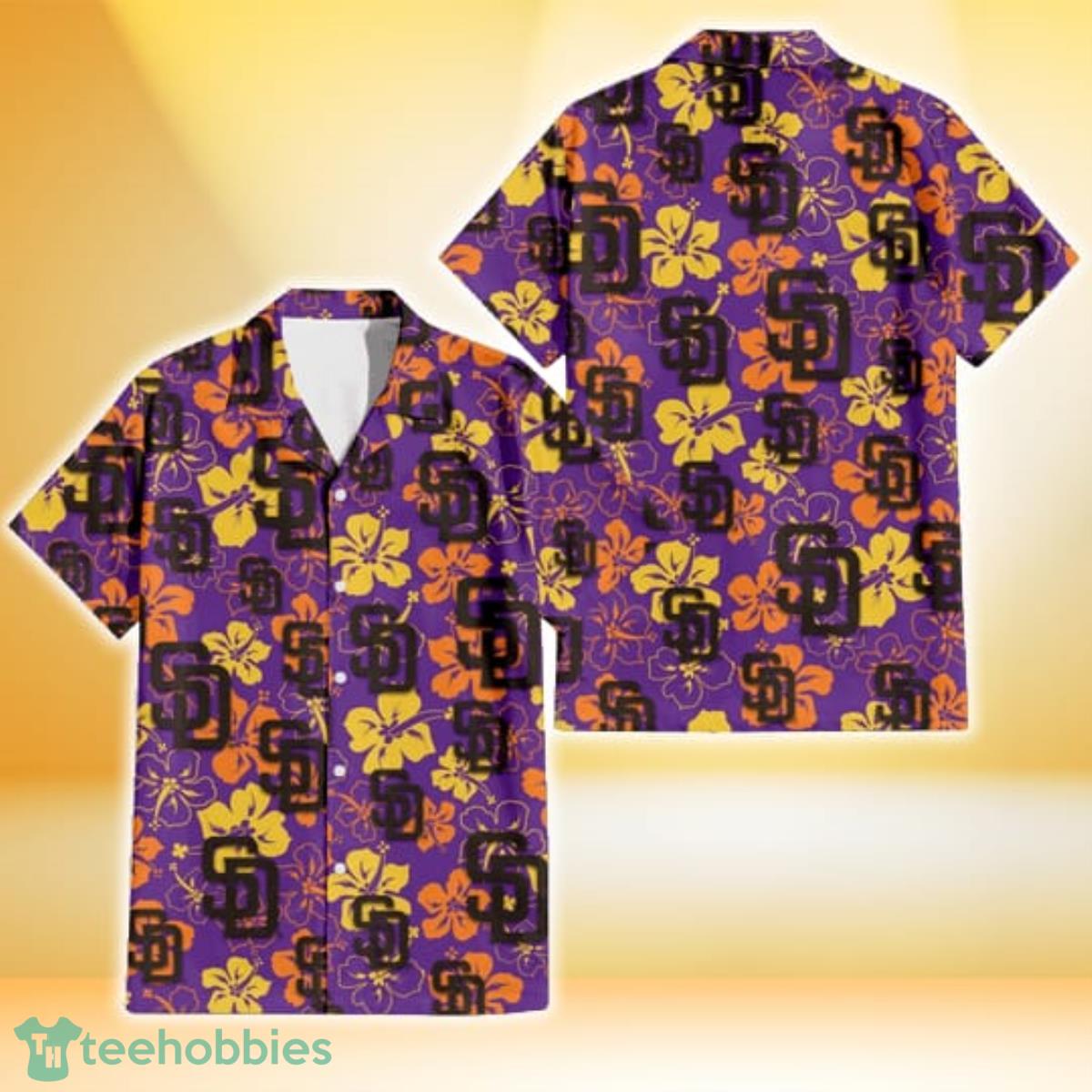 San Diego Padres Yellow And Orange Hibiscus Purple Background 3D Hawaiian Shirt Gift For Fans Product Photo 1