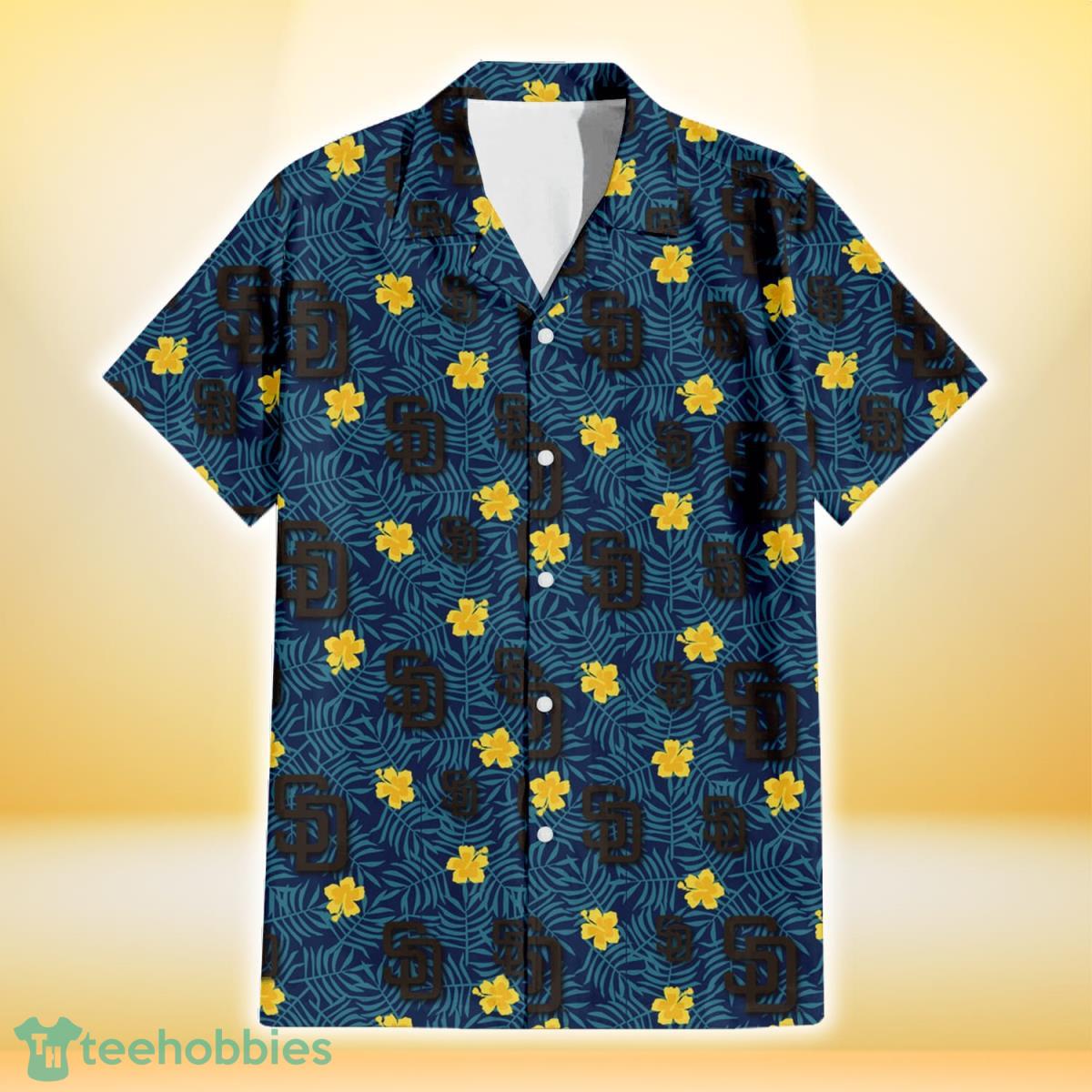 San Diego Padres Yellow Hibiscus Cadet Blue Leaf Navy Background 3D Hawaiian Shirt Gift For Fans Product Photo 2