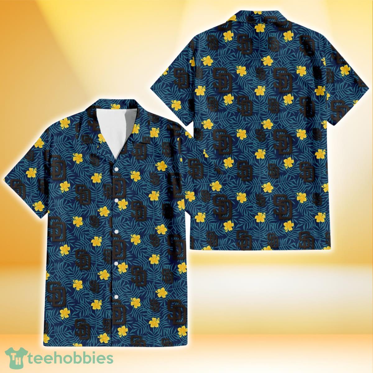 San Diego Padres Yellow Hibiscus Cadet Blue Leaf Navy Background 3D Hawaiian Shirt Gift For Fans Product Photo 1