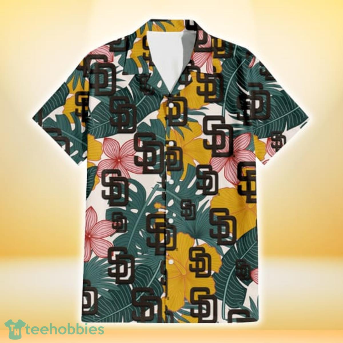 San Diego Padres Yellow Hibiscus Green Banana Leaf Pink Porcelain Flower 3D Hawaiian Shirt Gift For Fans Product Photo 2