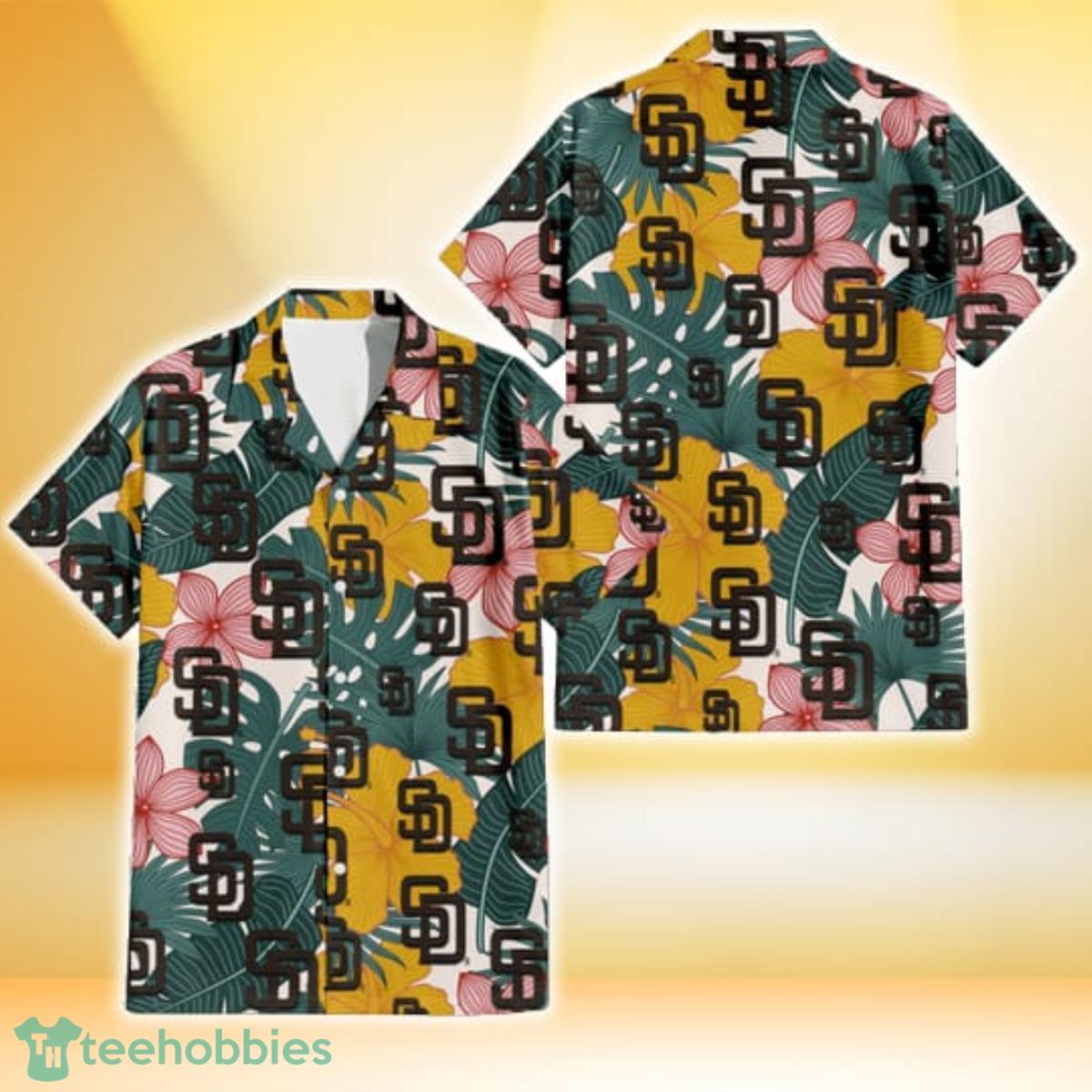 San Diego Padres Yellow Hibiscus Green Banana Leaf Pink Porcelain Flower 3D Hawaiian Shirt Gift For Fans Product Photo 1