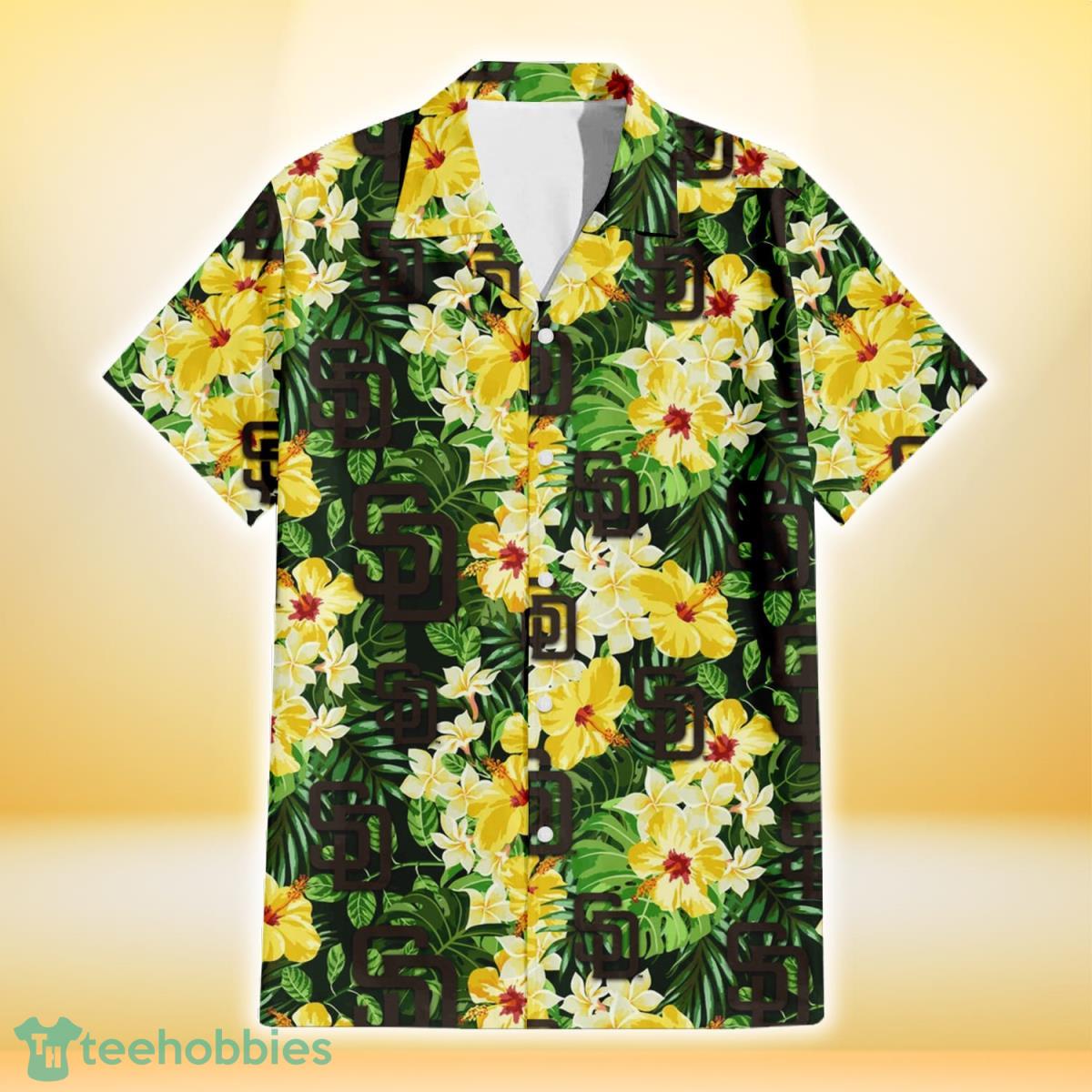 San Diego Padres Yellow Hibiscus Tropical Green Leaf Black Background 3D Hawaiian Shirt Gift For Fans Product Photo 2