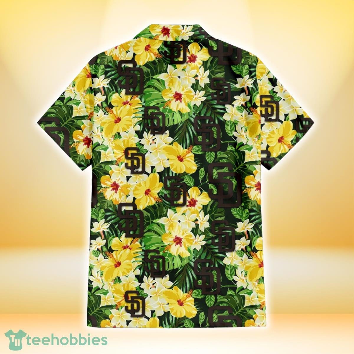 San Diego Padres Yellow Hibiscus Tropical Green Leaf Black Background 3D  Hawaiian Shirt Gift For Fans