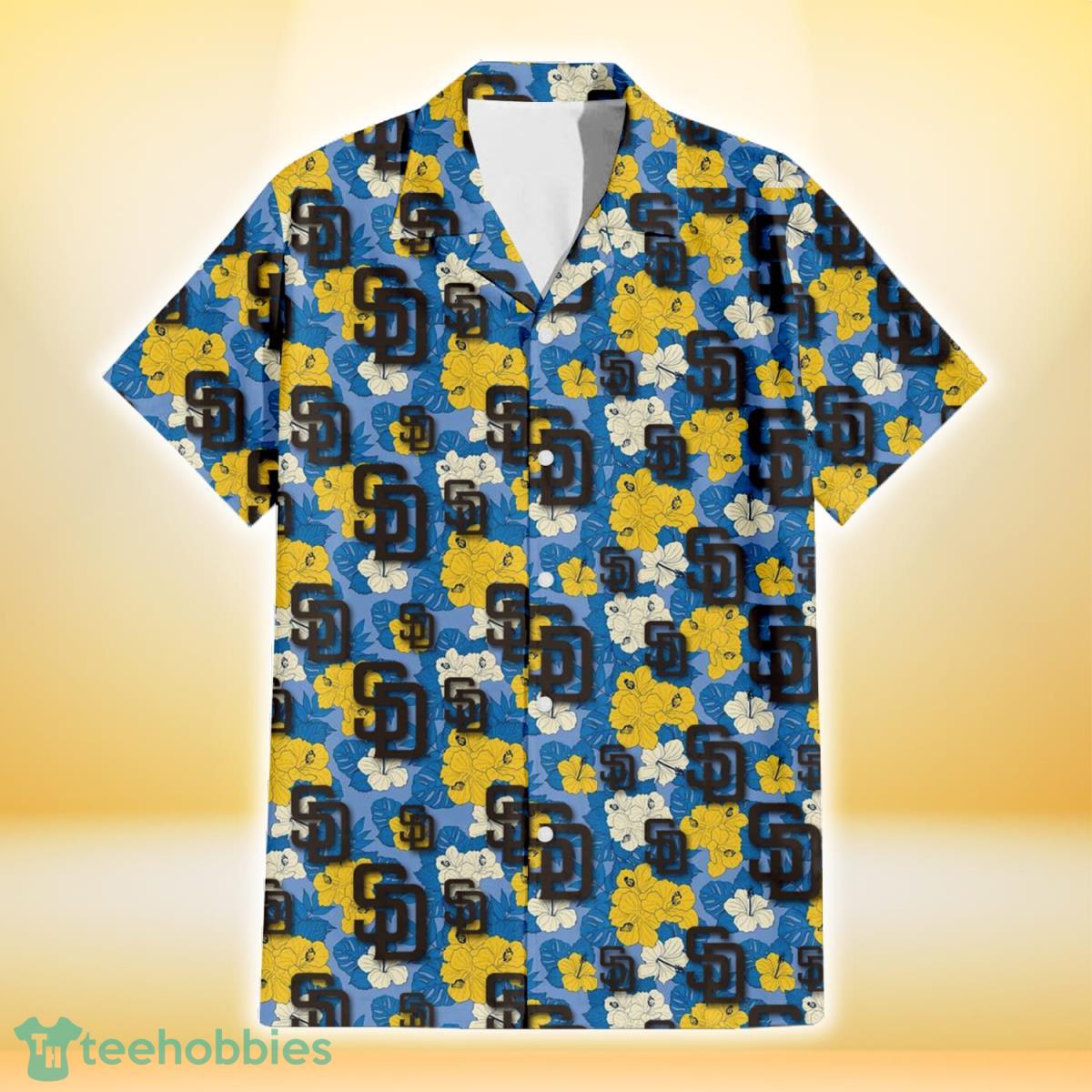 San Diego Padres Yellow White Hibiscus Powder Blue Background 3D Hawaiian Shirt Gift For Fans Product Photo 2
