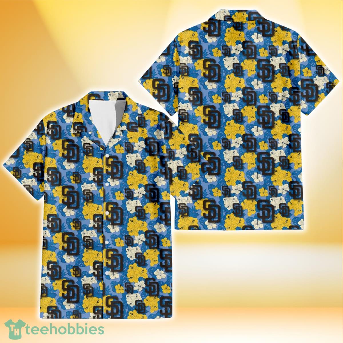 San Diego Padres Yellow White Hibiscus Powder Blue Background 3D Hawaiian Shirt Gift For Fans Product Photo 1