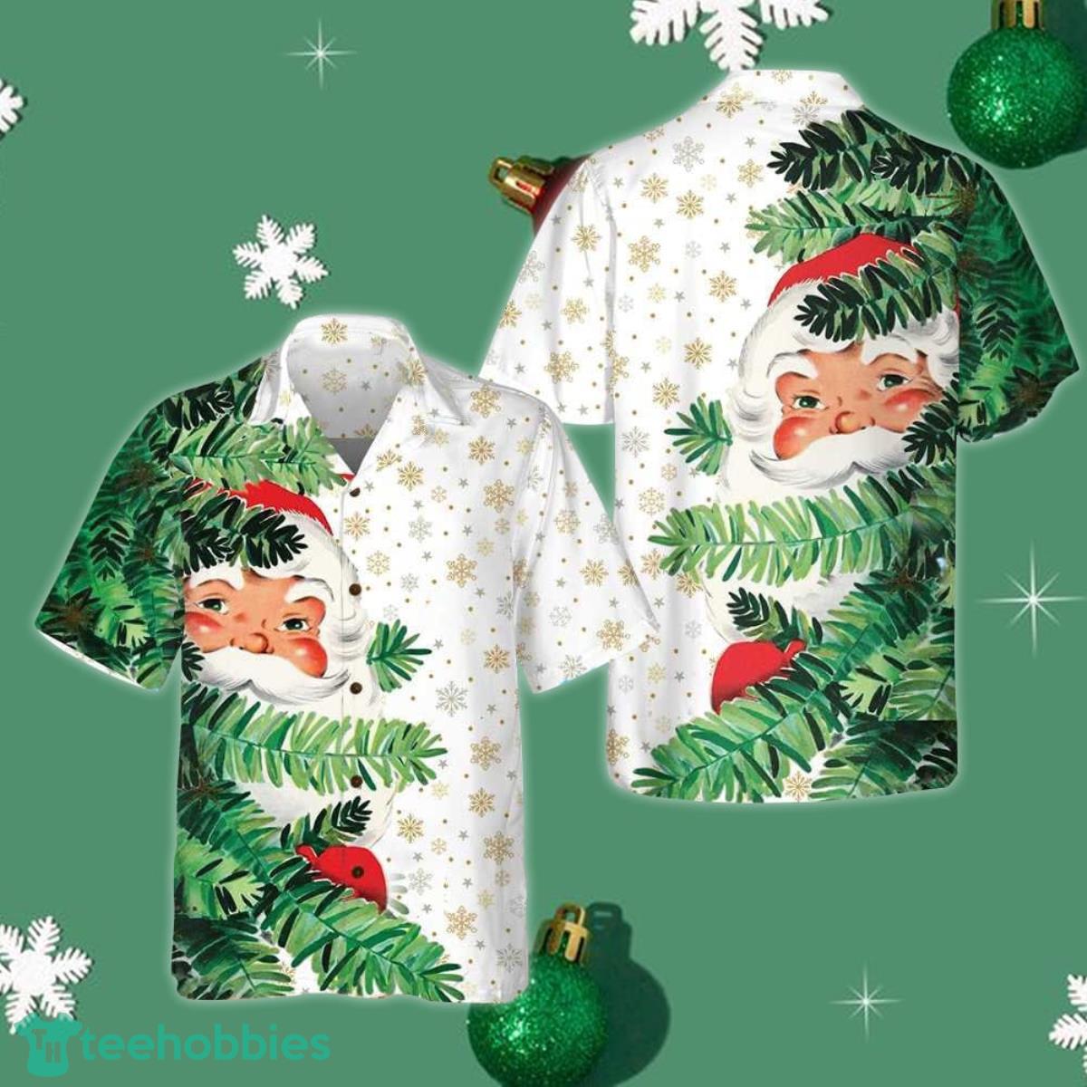 Santa Behind Christmas Tree Hawaiian Shirt Cute Santa Button Up Shirt Xmas Gifts For Husband Product Photo 1